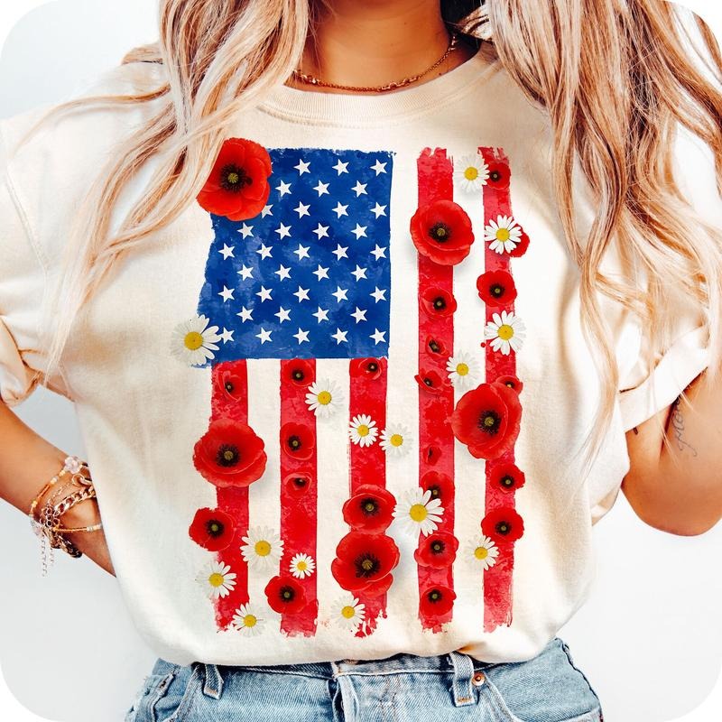 Comfort Colors American Flag T-Shirt, 4th of July T-Shirt,  4th Of July T-Shirt, floral America USA Shirt, Patriotic TShirt, Girly Shirt, USA T-Shirt