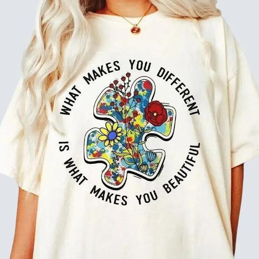 Comfort Colors Autism Mom Shirt, Autism Mama T-Shirt, Autism Awareness Month, Gift For Autism Mom, Autism Acceptance, Varsity Autism Shirt, Autism Awareness Neurodiversity, What Make You Different Is What Make You Beautiful, Autism Mom Women Top Casual