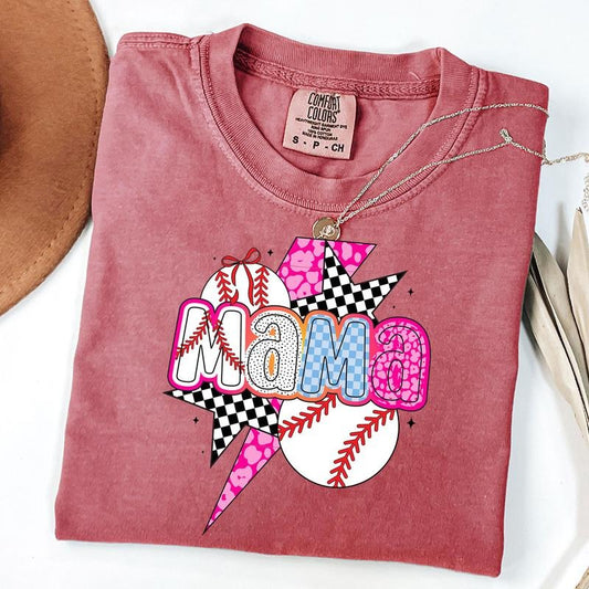Comfort Colors Baseball Mama Tee, Checkered Baseball Mama Shirt, Baseball Game Day T-Shirt