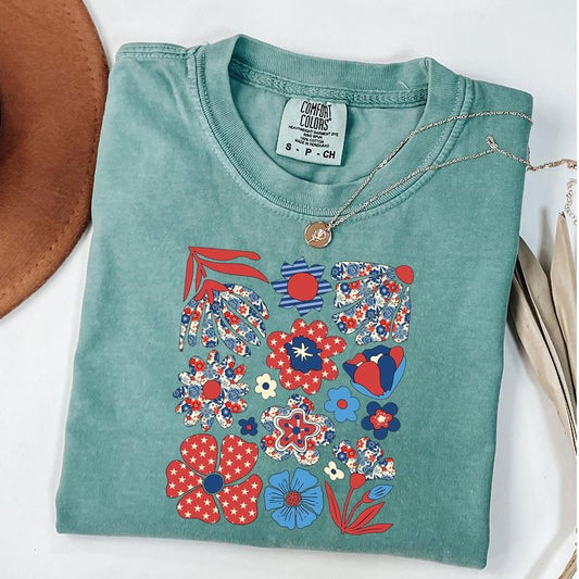 Comfort Colors Boho Floral 4th Of July T-Shirt, Preppy Patriotic Floral Shirt, Fourth Of July Tee, America T-Shirt, Memorial Day Shirt