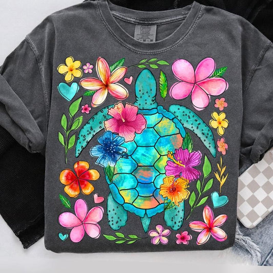 Comfort Colors Boho Floral Sea Turtle T-Shirt, Summer T-Shirt, Brushstroke Turtle Shirt, Beach T-Shirt, Fisherman...