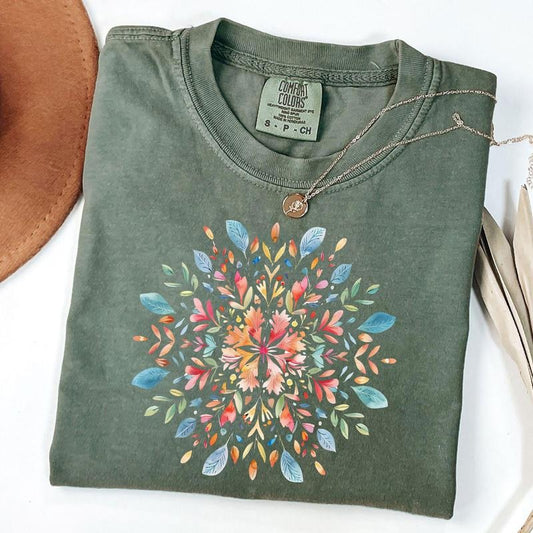 Comfort Colors Boho Mandala Shirt, Intricate Floral T-Shirt, Botanical Art Tee, Spring Blooms Shirt, Artistic Flower Tee, Nature Lover Gift