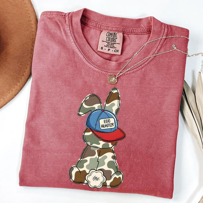 Comfort Colors Boy Easter Bunny Shirt, Egg Hunter Shirt, Camo Bunny T-Shirt, Boy Bunny With Backwards Hat Tee