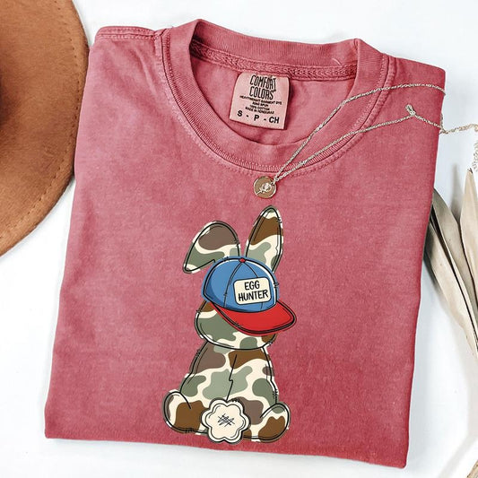 Comfort Colors Boy Easter Bunny Shirt, Egg Hunter Shirt, Camo Bunny T-Shirt, Boy Bunny With Backwards Hat Tee