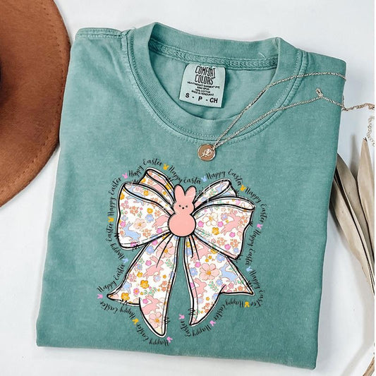 Comfort Colors Bunny Coquette Easter Shirt, Floral Easter Bow Shirt, Brushstroke Easter Tee, Happy Easter T-Shirt