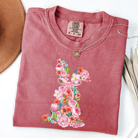 Comfort Colors Bunny Easter Coquette Shirt, Watercolor Floral Easter Bunny Shirt, Easter Coquette Bow Tee