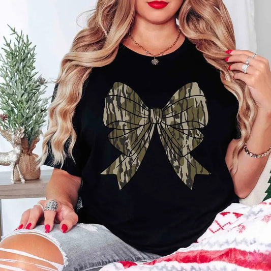 Comfort Colors Camo Shirt for Women, Camo Coquette Bow T Shirt Gift for Her, Cute Camo Tshirt, Duck Hunting Old School Camouflage Bow T-Shirt, Fall Tee
