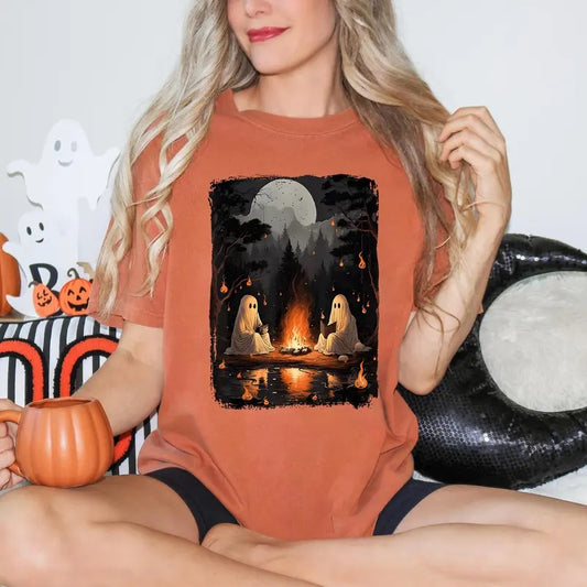 Comfort Colors Camping Halloween Ghost Reading Book Shirt, Halloween Costume, Spooky Season Shirt, Women Fall Tshirt, Halloween Party Tee