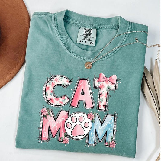 Comfort Colors Cat Mom Shirt, Floral Cat Mom Tee, Coquette Bow Cat Mom T-Shirt, Fur Mama Gift