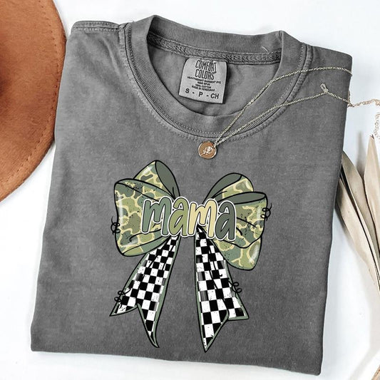 Comfort Colors Checkered Mama Shirt, Camo Coquette Bow Shirt, Mama Camo Tee, Mother's Day Gift
