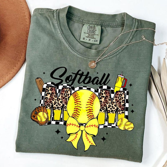 Comfort Colors Checkered Softball Mom Shirt, Softball Mom Coquette Shirt, Softball Game Day T-Shirt, Mothers Day Gift, New Mom Gift