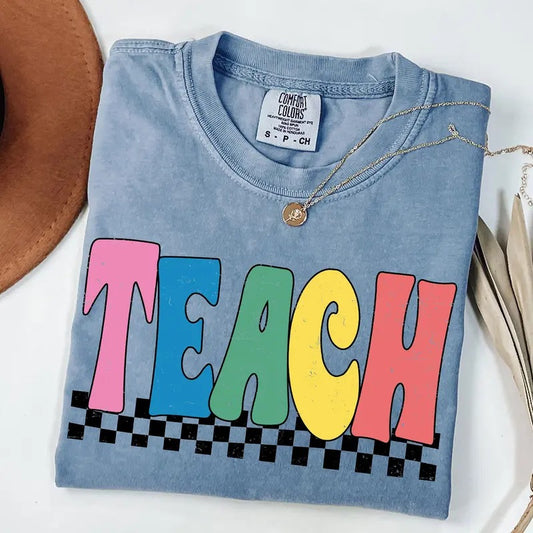 Comfort Colors Checkered Teach Shirt, Cute Teacher Shirt, Back To School, Teacher Appreciation, Elementary School Teacher Shirt