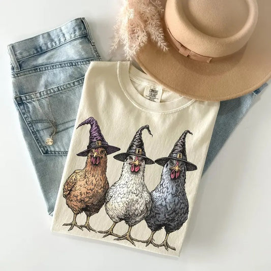 Comfort Colors Chicken Witches Funny Halloween Shirt, Vintage Chicken Witch T-Shirt, Funny Women Halloween Gift, Funny Halloween Tee