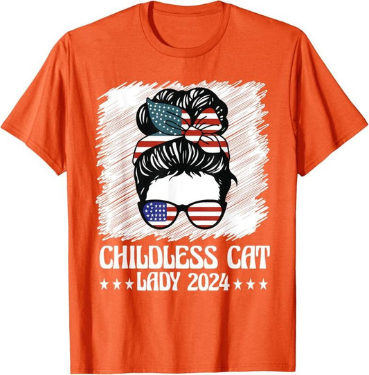 Comfort Colors Childless Cat Lady 2024 Groovy Messy Bun American Flag T-Shirt