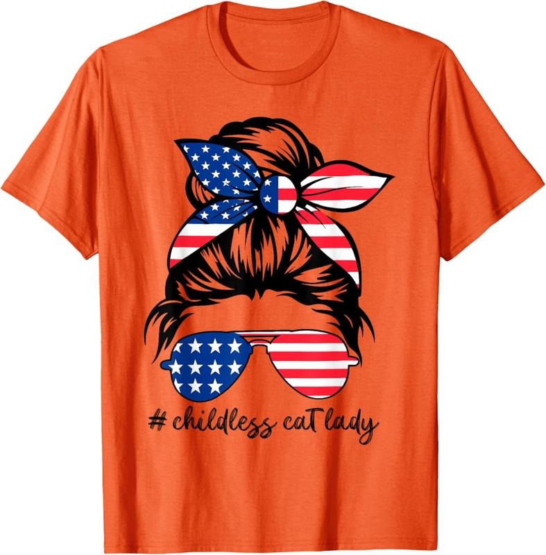 Comfort Colors Childless Cat Lady 2024 Messy Bun American Flag T-Shirt