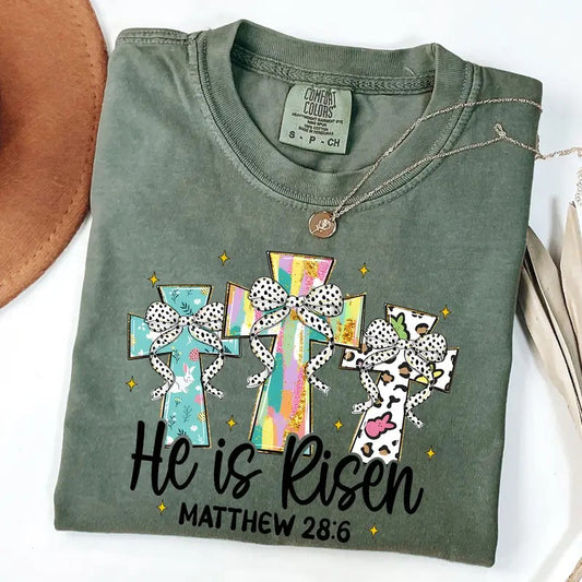 Comfort Colors Christian Easter Coquette Shirt, He is Risen Shirt, Religious Easter Cross T-Shirt, Bible Verse, Matthew 28:6
