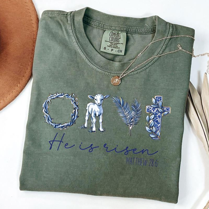 Comfort Colors Christian Easter Shirt for Girls and Women, He is Risen Shirt for Easter T-Shirt Easter Day Jesus Shirts Faith Tee Religious