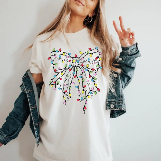 Comfort Colors Christmas Coquette Shirt, Christmas Lights Bow T-Shirt, Girly Aesthetic Christmas Tee, Merry and Bright Festive Shirt