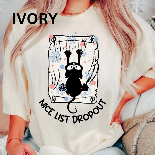 Comfort Colors Christmas Shirt, Nice List Dropout Shirt, Cat christmas Shirt, Cotton Fabric Womenswear Top Printed Oversized Women