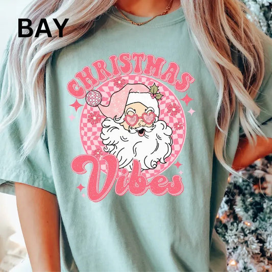 Comfort Colors Christmas Shirt, Pink Christmas Vibes Santa T-shirt, Oversized Christmas T-shirt, Comfort Colors Shirt, Shirt For Christmas, Christmas Gift for Women, Lady Tshirt