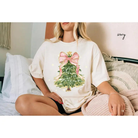 Comfort Colors Christmas Tree Bow Shirt, Christmas Shirts for Women, Pink Christmas Tree Coquette Shirt Baggy Cotton