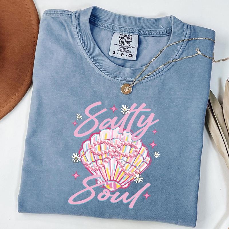 Comfort Colors Clam Pearl Coquette Salty Soul Shirt, Summer Vibes Pink Clam Tee, Girly Summer T-Shirt