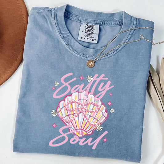 Comfort Colors Clam Pearl Coquette Salty Soul Shirt, Summer Vibes Pink Clam Tee, Girly Summer T-Shirt