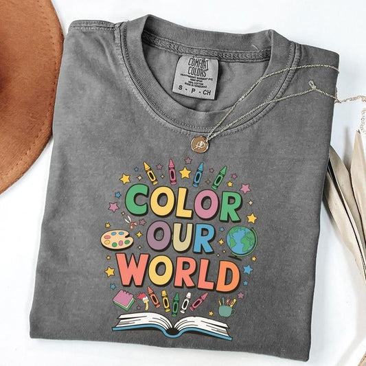 Comfort Colors Color Our World T Shirt, Summer Program Tee, Back to School Shirt, Crayon Teacher T-Shirt, I Love Reading Shirt, Teacher Gifts