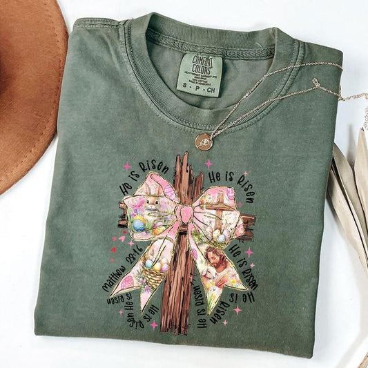 Comfort Colors Coquette Bow Easter Cross T-Shirt, He is Risen Easter Jesus Shirt, Easter Bible Verse Shirt