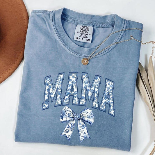 Comfort Colors Coquette Bow Mama T-Shirt, Coquette Blue Bow Shirt, Mother's Day Gift