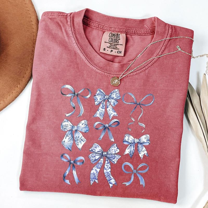 Comfort Colors Coquette Bows T-Shirt, Blue Bow Shirt, Floral Blue Bow Shirt, Ribbon Tee, Gift For Her