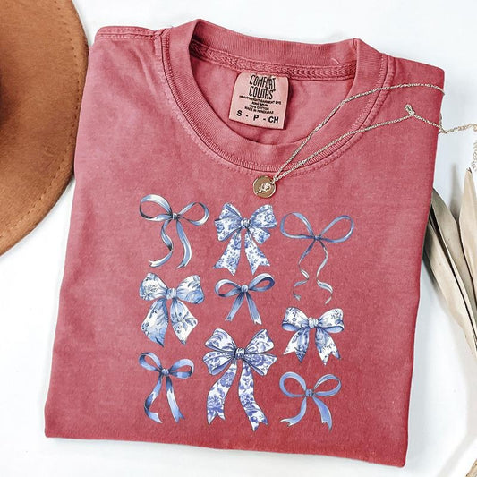 Comfort Colors Coquette Bows T-Shirt, Blue Bow Shirt, Floral Blue Bow Shirt, Ribbon Tee, Gift For Her