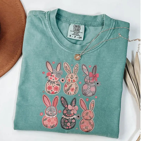 Comfort Colors Coquette Easter Bunny Floral T-Shirt, Easter Bunny Shirt, Coquette Easter Shirt