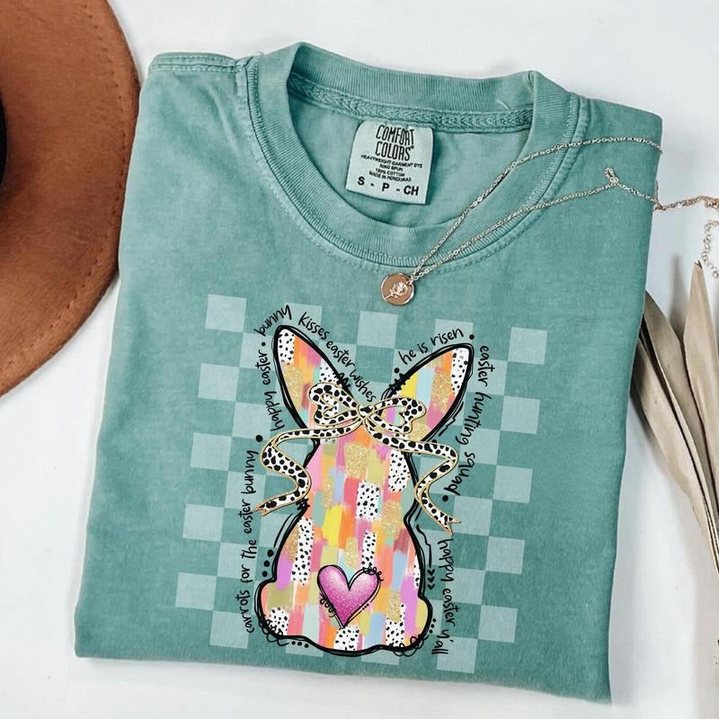 Comfort Colors Coquette Easter Bunny Shirt Colorful Brushstroke Happy Easter Shirt Rabbit Checkered Glitter Easter Gift