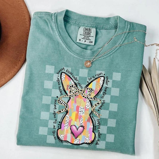 Comfort Colors Coquette Easter Bunny Shirt Colorful Brushstroke Happy Easter Shirt Rabbit Checkered Glitter Easter Gift
