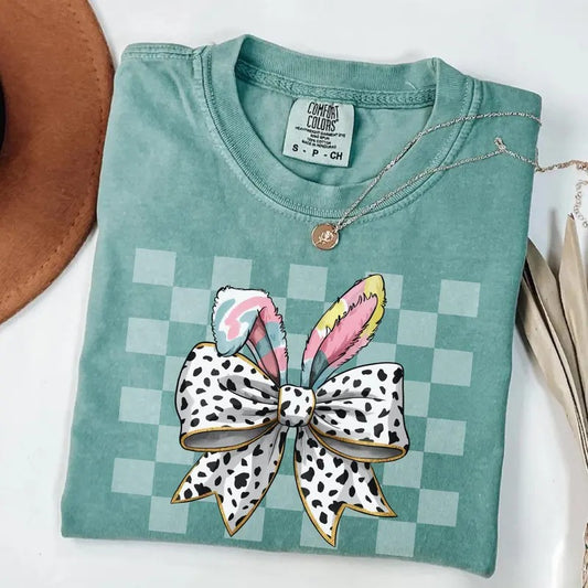 Comfort Colors Coquette Easter Shirt Bow Bunny Ears Brushstroke Bunny Shirt Rabbit Tee Checkered Easter Gift Glitter Bunny Easter T-Shirt