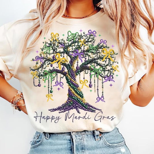 Comfort Colors Coquette Mardi Gras Tree Shirt, Watercolor Mardi Gras Bead Tree T-Shirt, Happy Mardi Gras Shirt