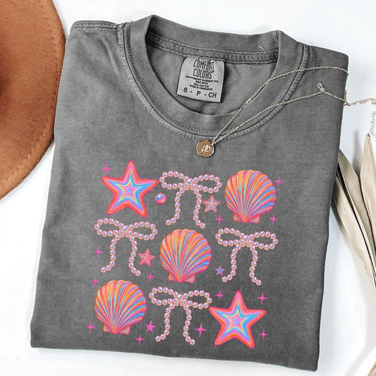 Comfort Colors Coquette Pearl Bow Shirt, Summer Vibes Tee, Pink Clam T-Shirt, Girly Summer Shirt