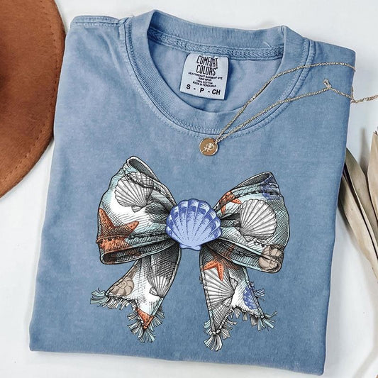 Comfort Colors Coquette Seashell Shirt, Seashell Bow Shirt, Summer Vibes Tee, Coquette Beach Shirt, Girls Trip Tee