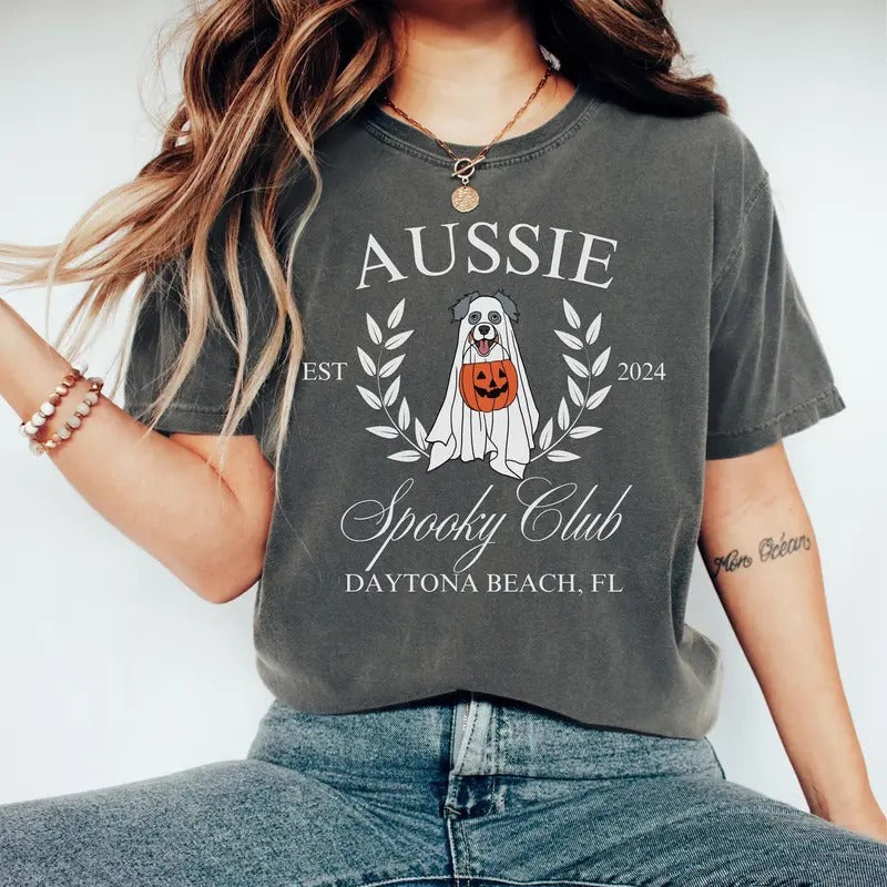 Comfort Colors Custom Halloween Aussie Shirt, Aussie Dog Halloween, Aussie Lover Shirt, Gift for Australian Shepherd Dog Owner, Aussie Ghost Shirt