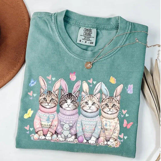 Comfort Colors Cute Easter Cat T-Shirt, Bunny Cat Lover Shirt, Cat Easter Day Shirt