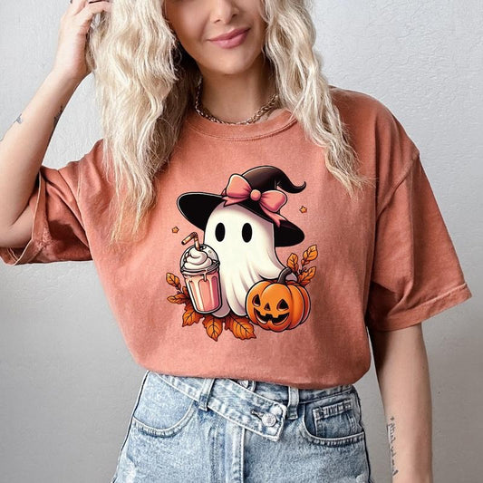 Comfort Colors Cute Ghost Halloween Shirt, Pumpkin Spice Latte Shirt, Fall Coffee Shirt, Spooky Season, Womens Witch Shirt, Halloween Gift