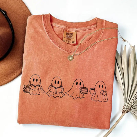 Comfort Colors Cute Ghost Reading Books Shirt, Women's Halloween Shirt, Books Lover Halloween Shirt, Bookish Halloween Shirt, Spooky Season