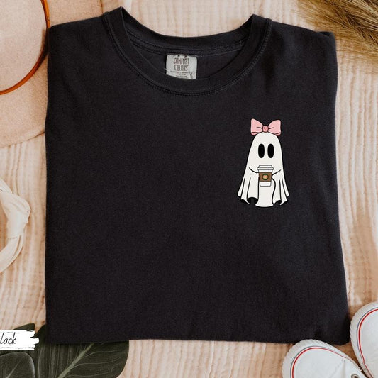 Comfort Colors Cute Ghost With Pumpkin Spiced Latte And Pink Bow, Pumpkin Spice Latte Shirt, Halloween PSL, Halloween Coquette, Coffee Lovers Halloween