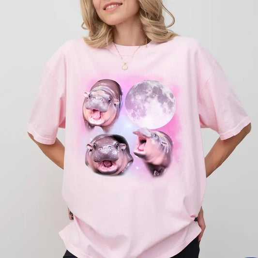 Comfort Colors Cute Moo Deng With The Moon Tee, Baby Hippo Moo Deng Shirt, Bouncy Pig in Thai, Hippo Lover, Galaxy Moo Deng Shirt