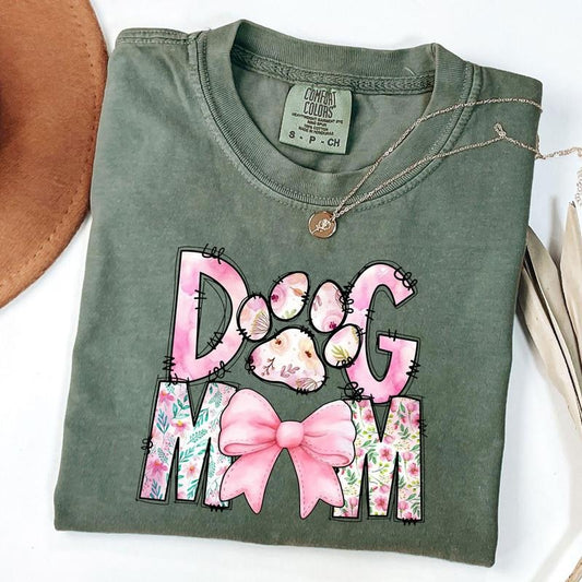 Comfort Colors Dog Mom Shirt for Women, Coquette Dog Mama T-Shirt, Floral Dog Mom Shirt, Paw Print Mom Shirt