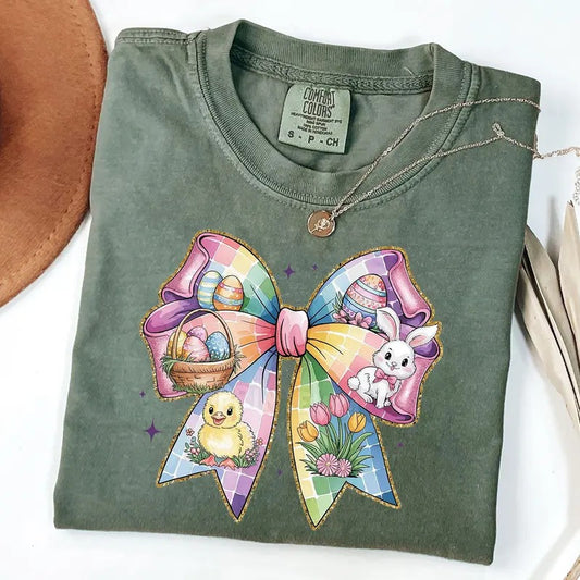 Comfort Colors Easter Bow T- Shirt, Cute Bunny Chick and Egg Shirt, Coquette Bow Easter Shirt