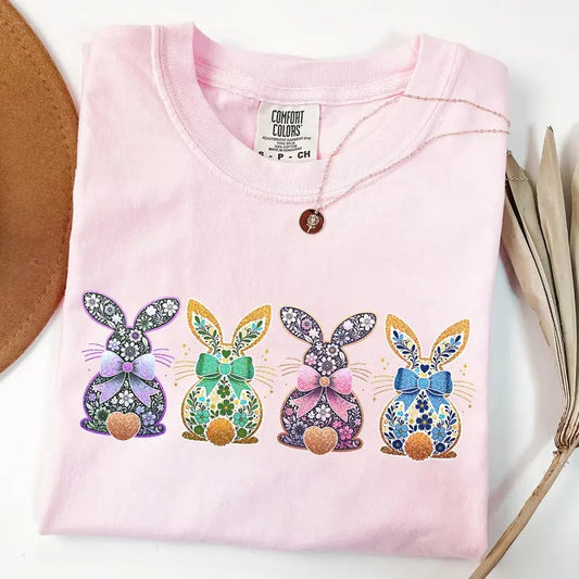 Comfort Colors Easter Bunny Shirt Coquette Easter Floral Shirt for Easter Gift Egg Cute Bunny Glitter T-Shirt for Easter Day Shirt for Women