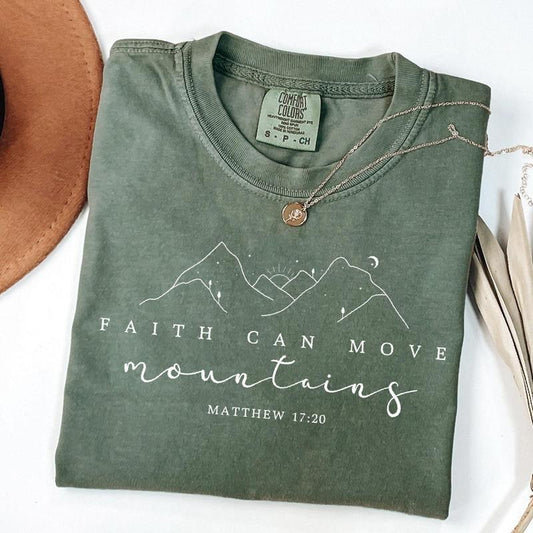 Comfort Colors Faith Can Move Mountains Shirt, Matthew 17:20, Christian Gift, Faith Shirt, Bible Verse T-Shirt, Minimal Christian Tee