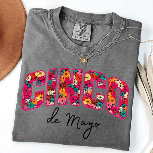 Comfort Colors Floral Cinco de Mayo Shirt, Cinco de Mayo Varsity Style Tee, Mexican Fiesta T-Shirt, Fiesta Squad Shirt